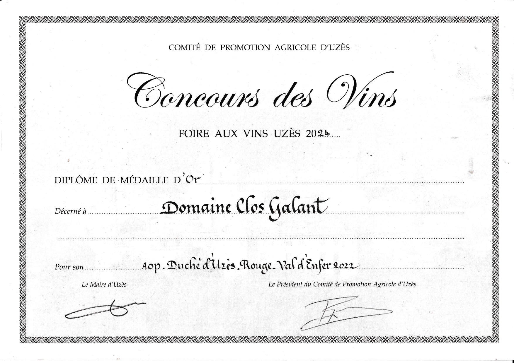 Médaille d'Or Clos Galant — Foire aux Vins d'Uzès 2024